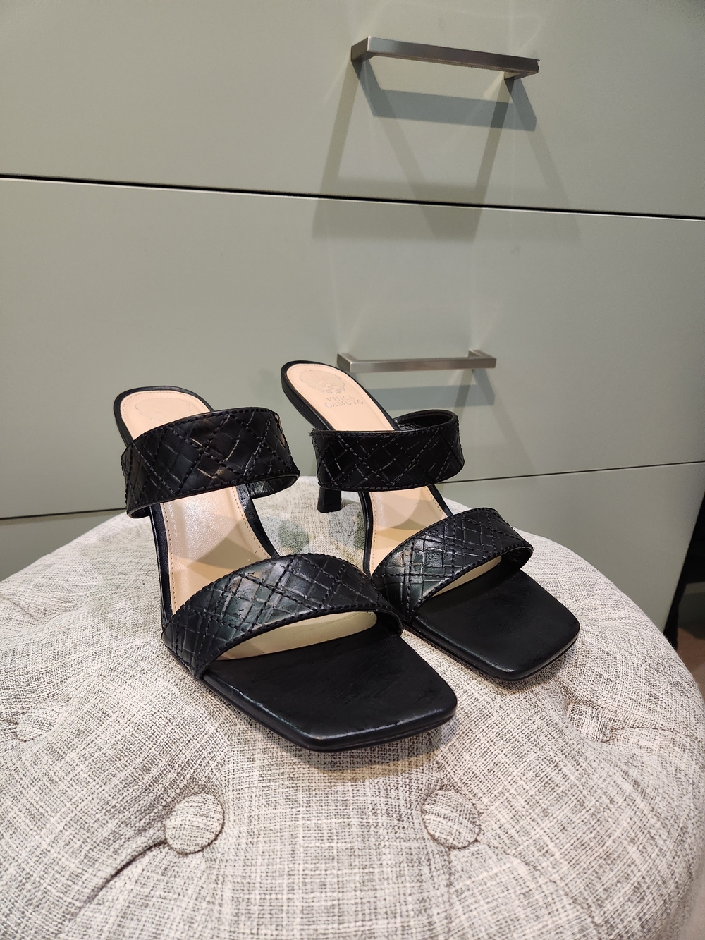 Vince Camuto Black Quilted Two-Strap Heels